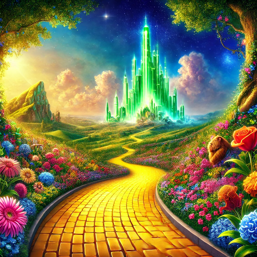 오즈의 마법사에서 영감을 받은 장면, 황금 벽돌 길이 푸른 초목과 형형색색의 꽃들 사이를 지나며 멀리 빛나는 에메랄드 시티로 이어지는 모습, 밝고 환상적인 분위기