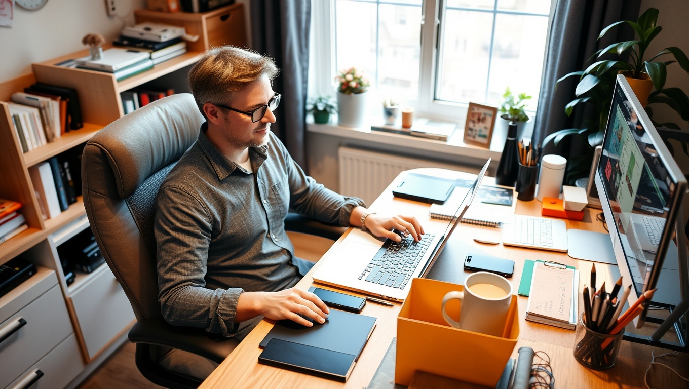남자가 집에서 재택근무를 하고 있는 모습