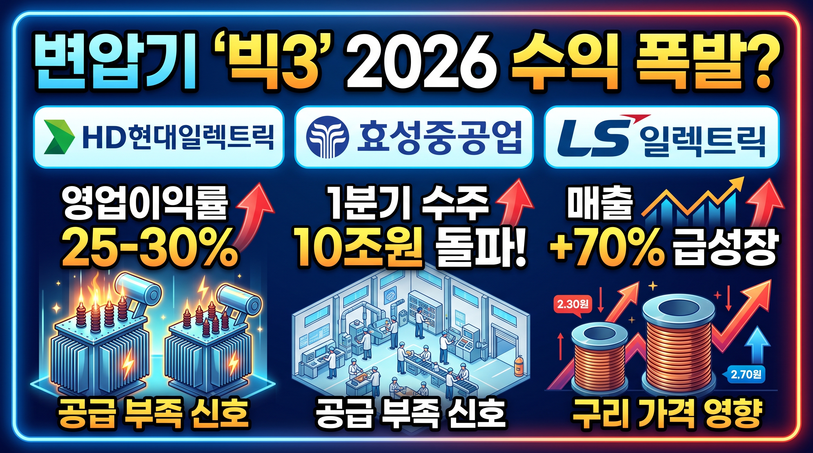 변압기 3사(HD현대일렉트릭&middot;효성중공업&middot;LS일렉트릭) 2026년 실적 비교: 매출 17조원(+70%), 영업이익률 25-30%, 1분기 수주 10조원 사상 최대. 765kV 초고압 변압기 리드타임 3-4년