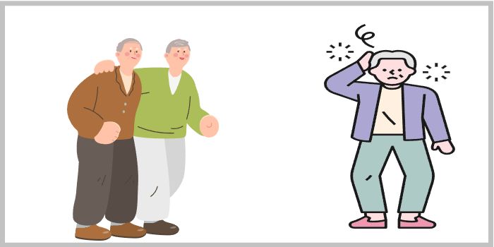 한쪽은 친구와 함께 걷는 노인, 다른 쪽은 머리를 감싸며 혼란스러워하는 노인 일러스트