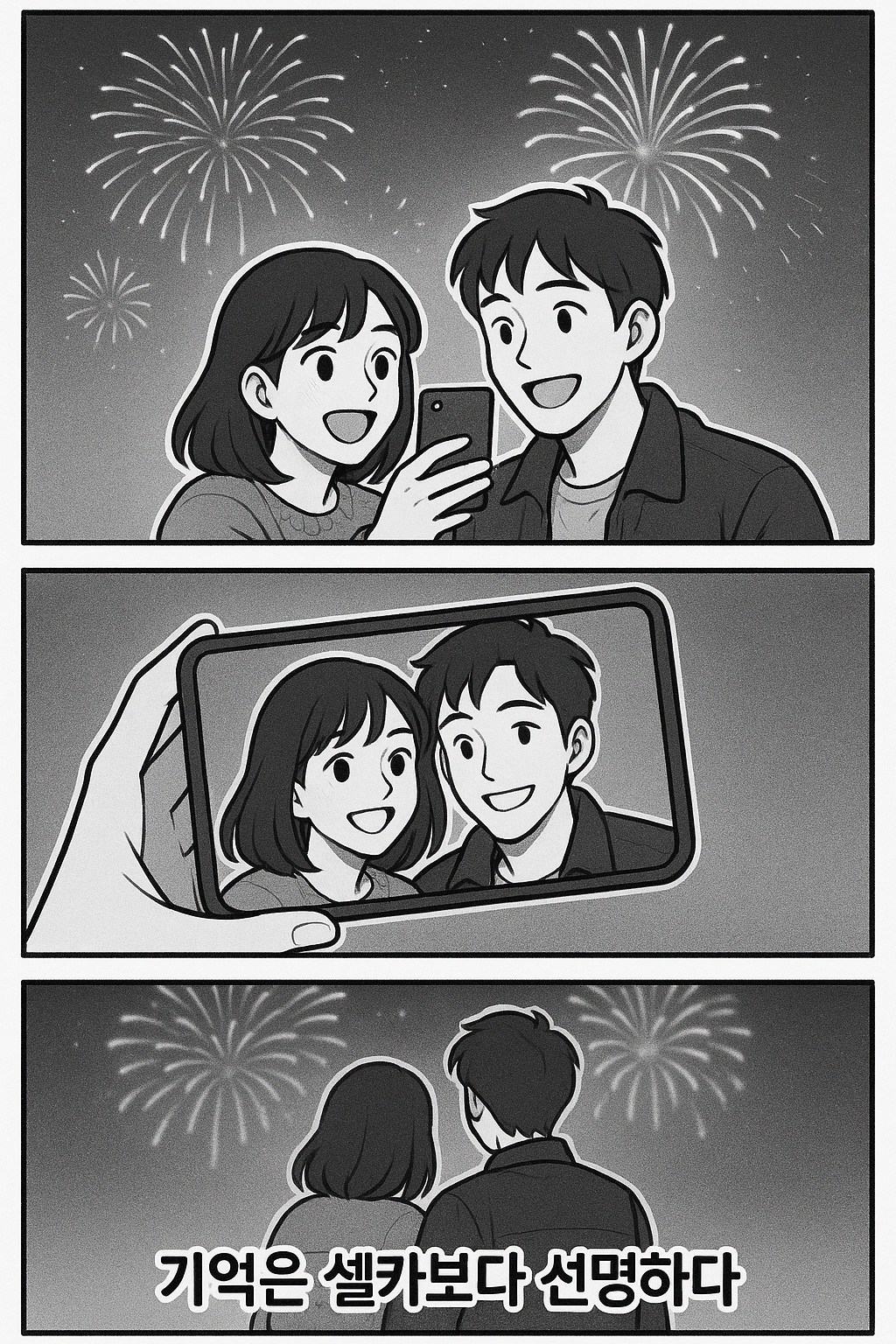불꽃놀이를 구경하다가 셀카를 찍는 커플을 주제로, 단순한 흑백 4컷 만화를 만들어줘. 마지막 컷에 &lsquo;기억은 셀카보다 선명하다&rsquo; 문구를 넣어줘