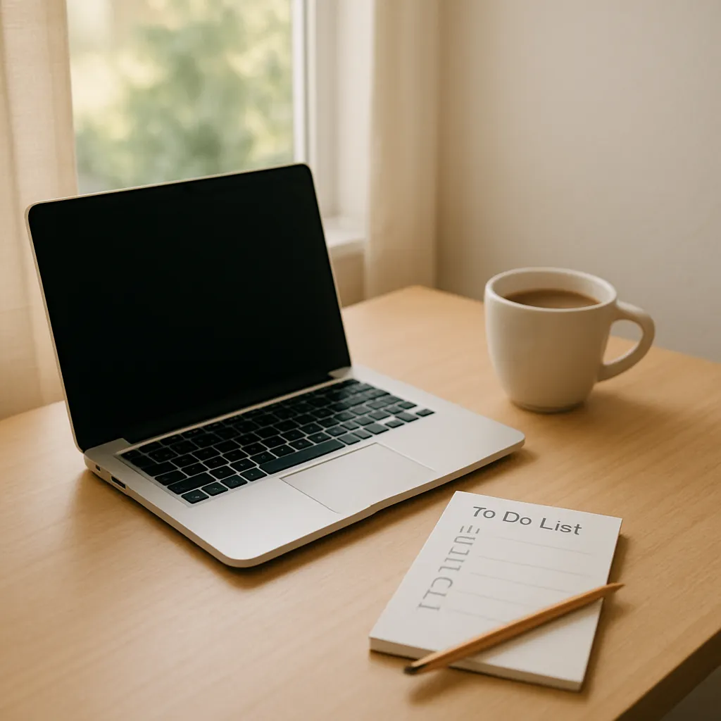 창가에 노트북과 커피잔이 놓여 있는 모습