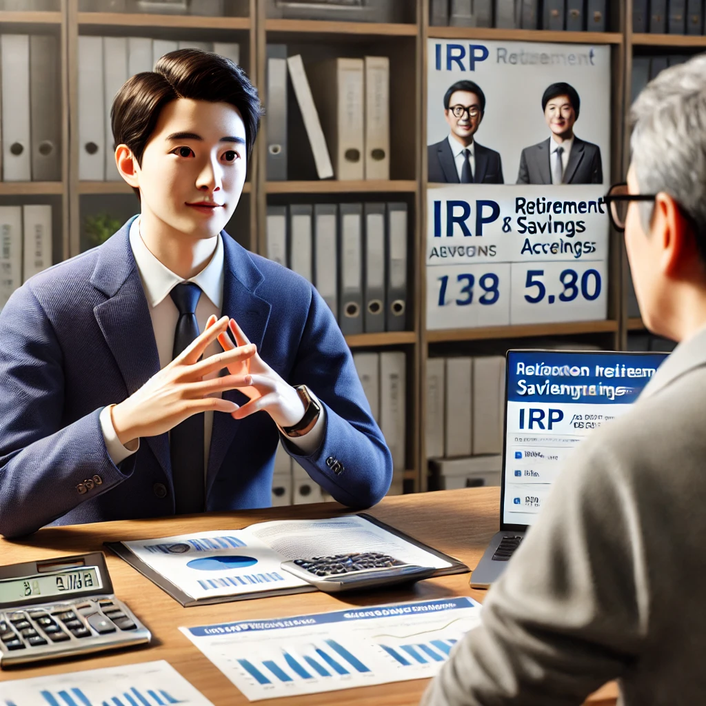 금융 상담사(40대)가 사무실에서 고객에게 IRP와 연금저축의 차이점을 설명하는 장면. 책상에는 문서와 노트북, 차트가 놓여 있음