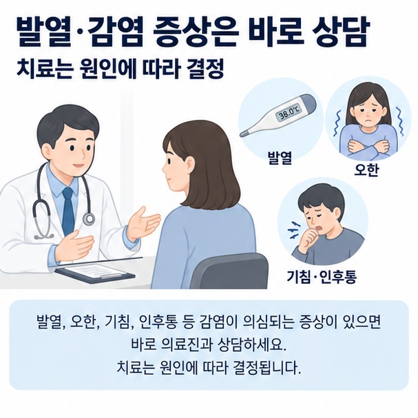 발열과 감염 증상이 있을 때 의료진 상담과 원인별 치료를 표현한 이미지