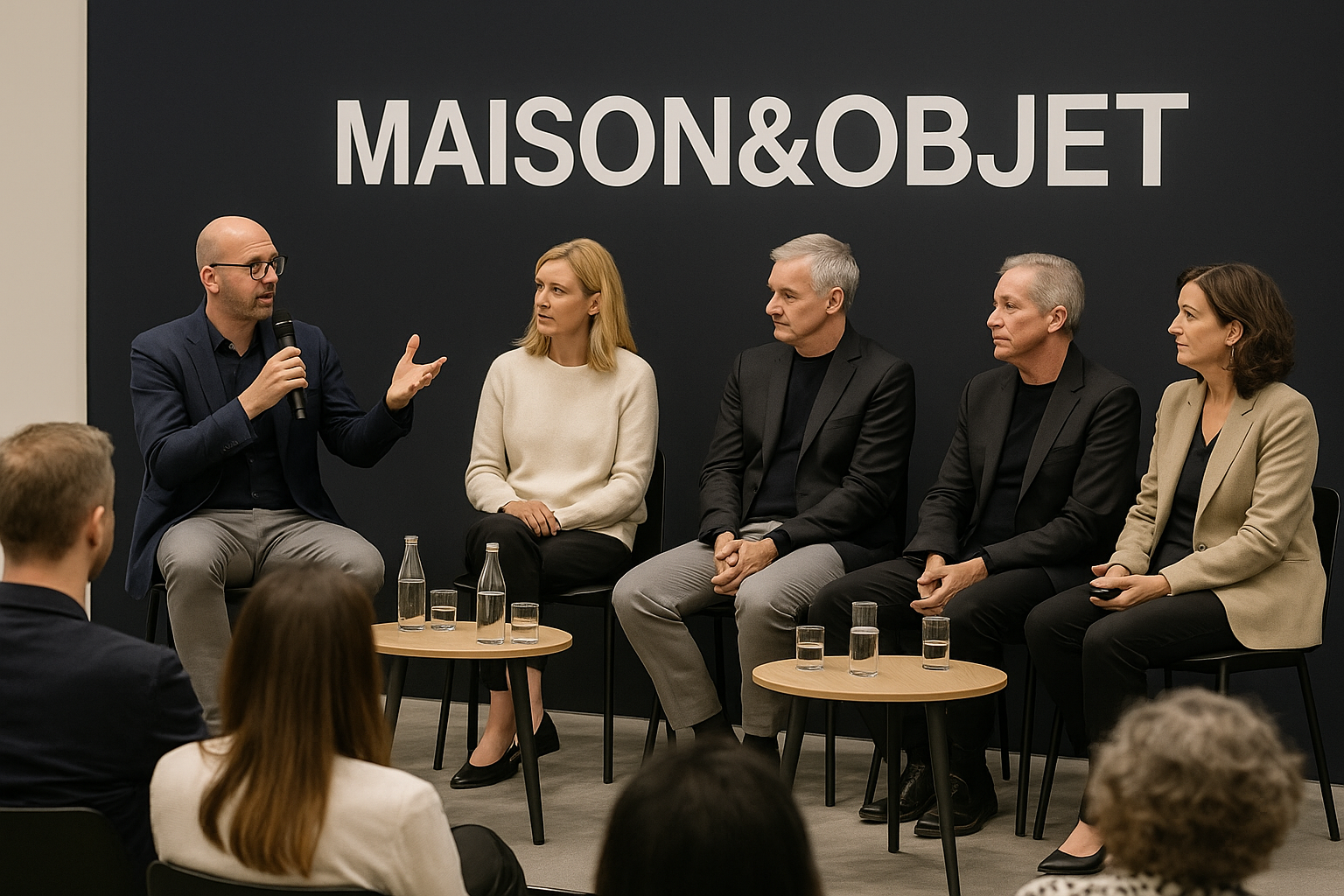 검은 배경의 MAISON&amp;OBJET 로고 앞에서 다섯 명의 패널이 앉아 토론하는 장면, 한 남성이 마이크로 청중에게 설명하는 모습이 중심에 있다.