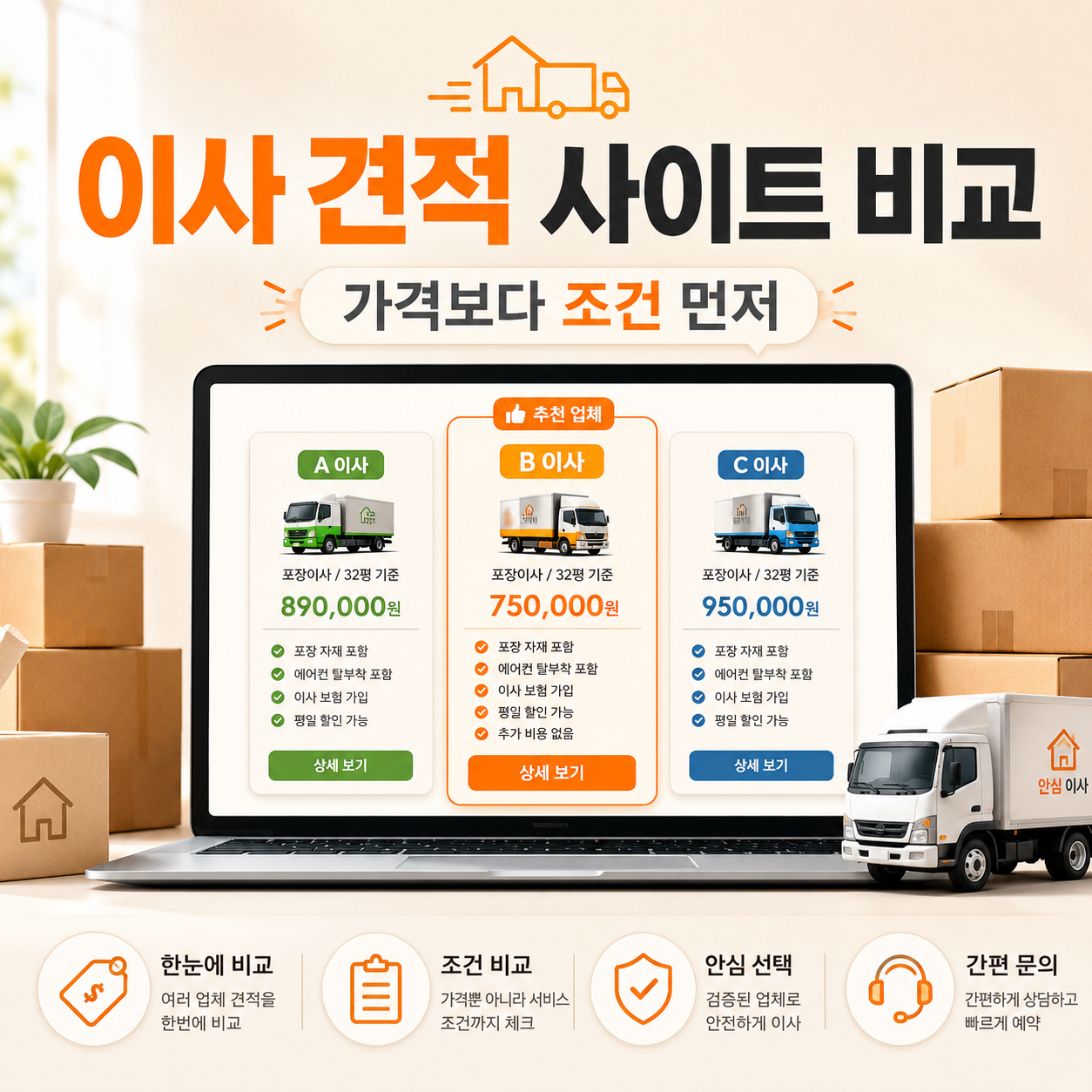 여러 이사 견적 사이트에서 포장이사 업체와 견적 조건을 비교하는 이미지