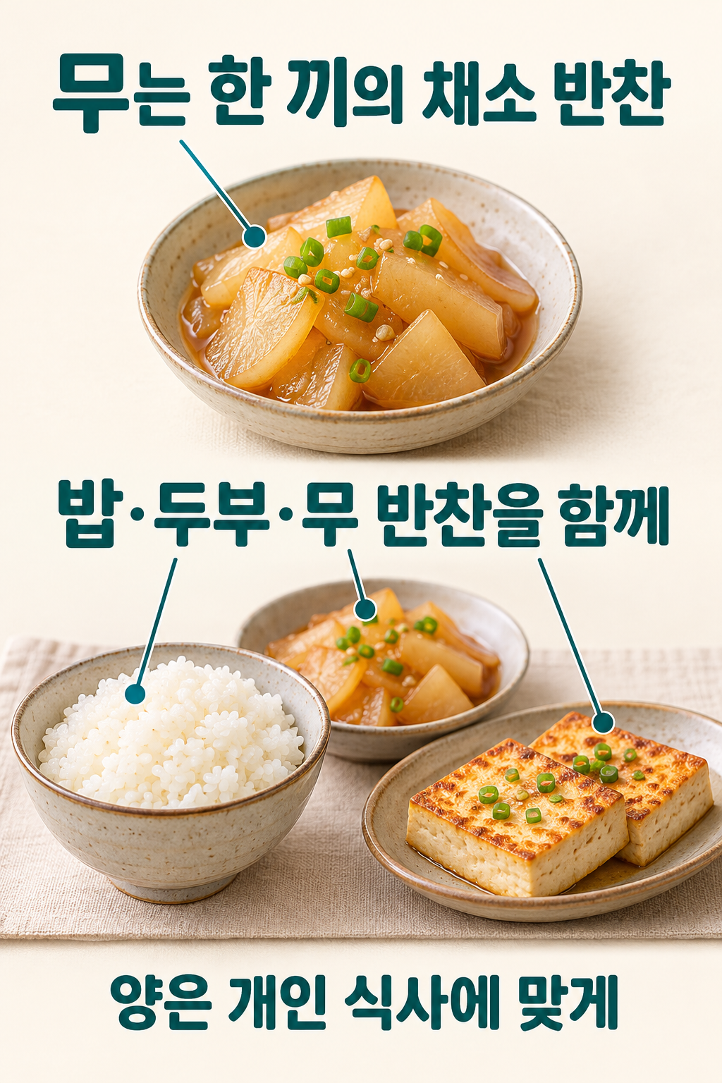 밥&middot;두부&middot;익힌 무 반찬을 함께 차린 식사 구성 예
