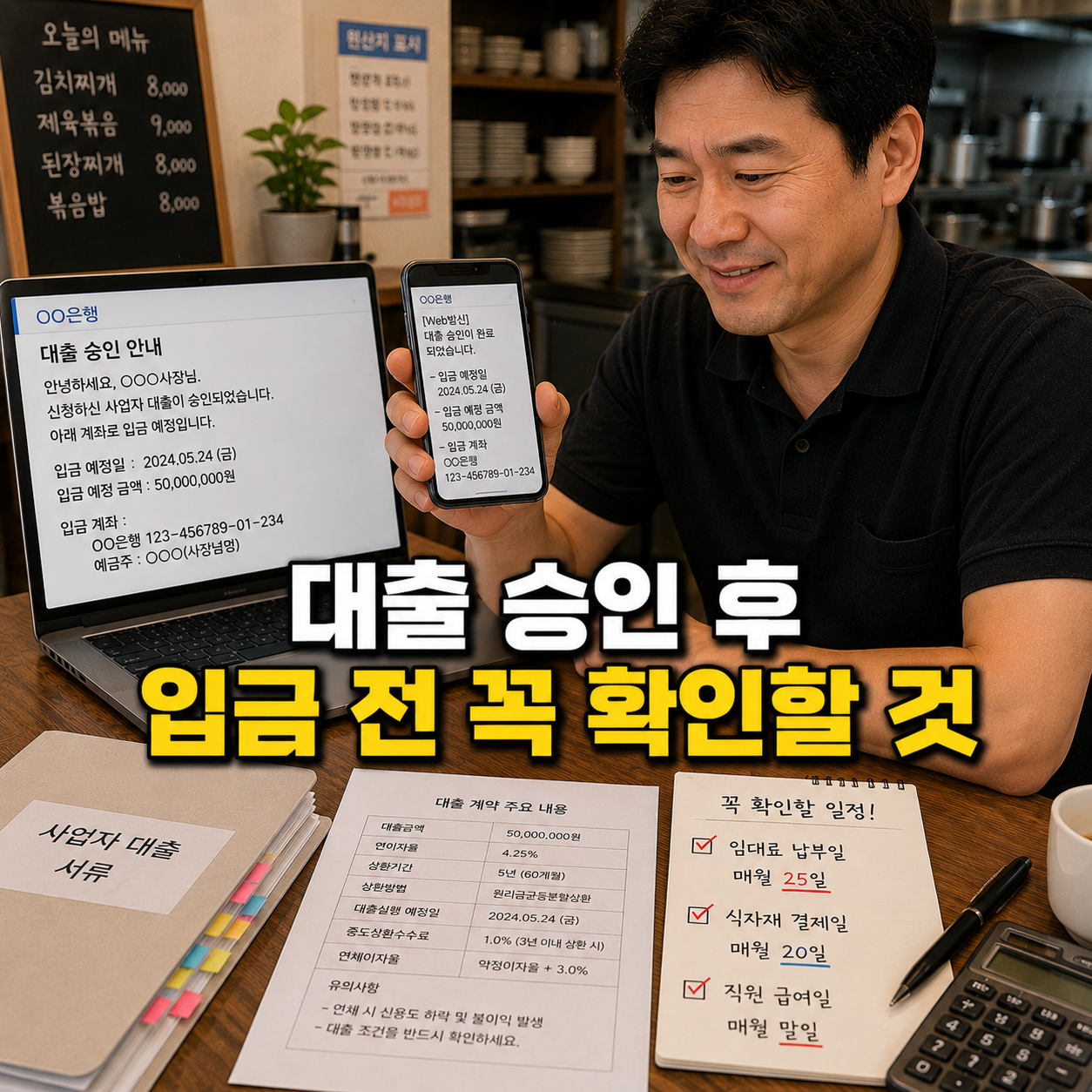 사업자 대출 승인 후 보증료 상환일 자동이체 계좌를 확인하는 소상공인 사장 모습