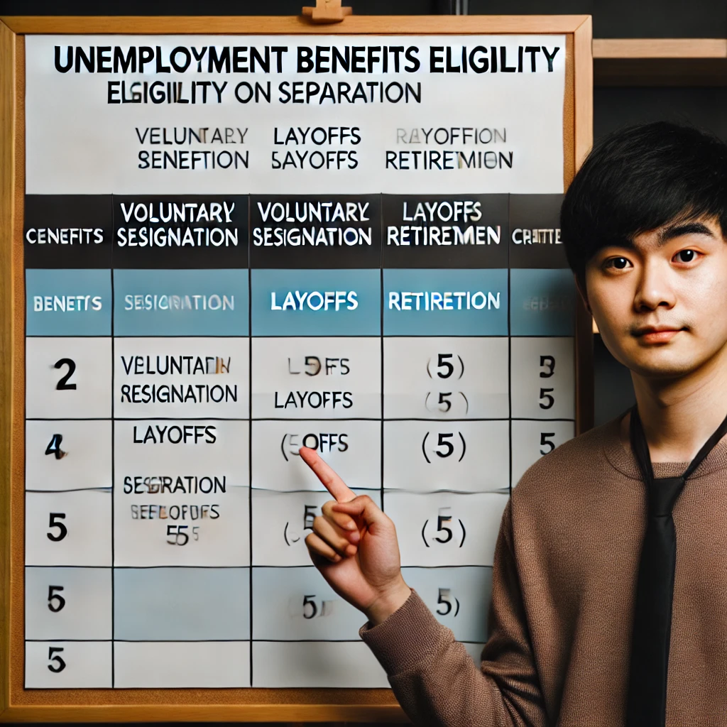 자진퇴사, 경영상 해고, 정년퇴직 등 이직 사유에 따른 실업급여 수급 가능 여부를 나타내는 표