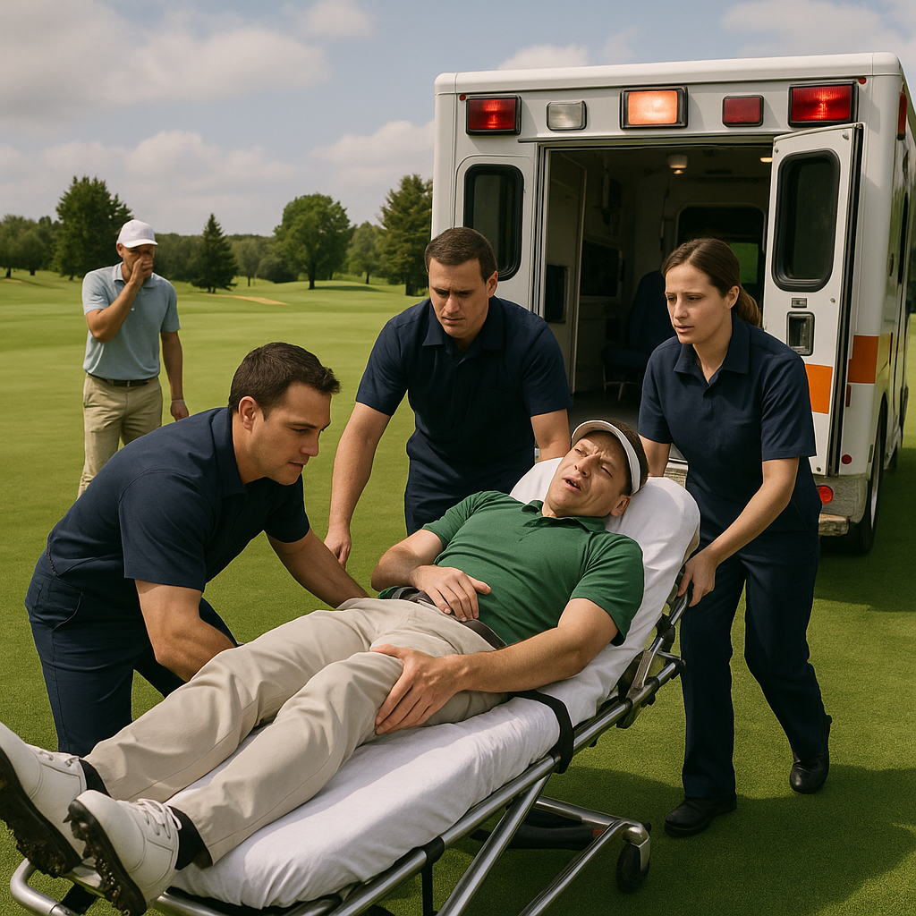 푸른 골프장 필드에서 사고가 발생한 후 앰뷸런스에 이송되는 모습