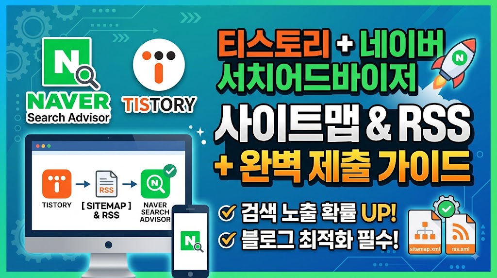네이버 서치어드바이저에 티스토리 사이트맵과 RSS를 등록하는 웹마스터 도구 화면 인포그래픽