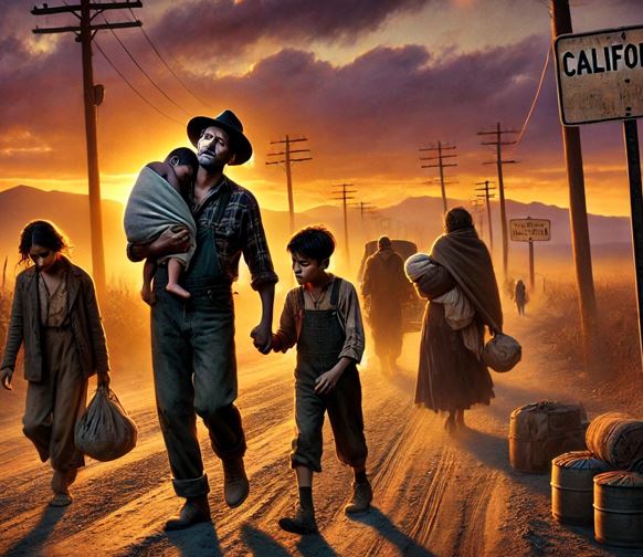 해질녘, 희망을 품고 길을 따라 걸어가고 있는 이주 노동자 가족의 모습,