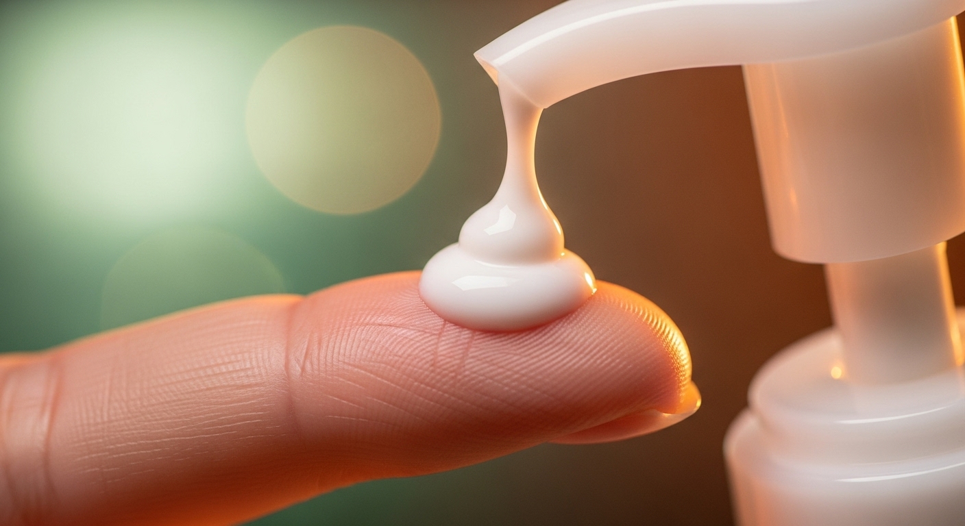 하다라보 고쿠쥰 리프팅 로션의 촉촉하고 부드러운 제형이 손가락 위에 덜어진 모습. 탄력 케어 로션의 풍부한 질감을 강조.