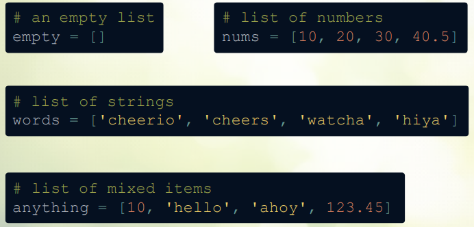 파이썬에서 리스트는 원하는 모든 데이터를 담는 컨테이너