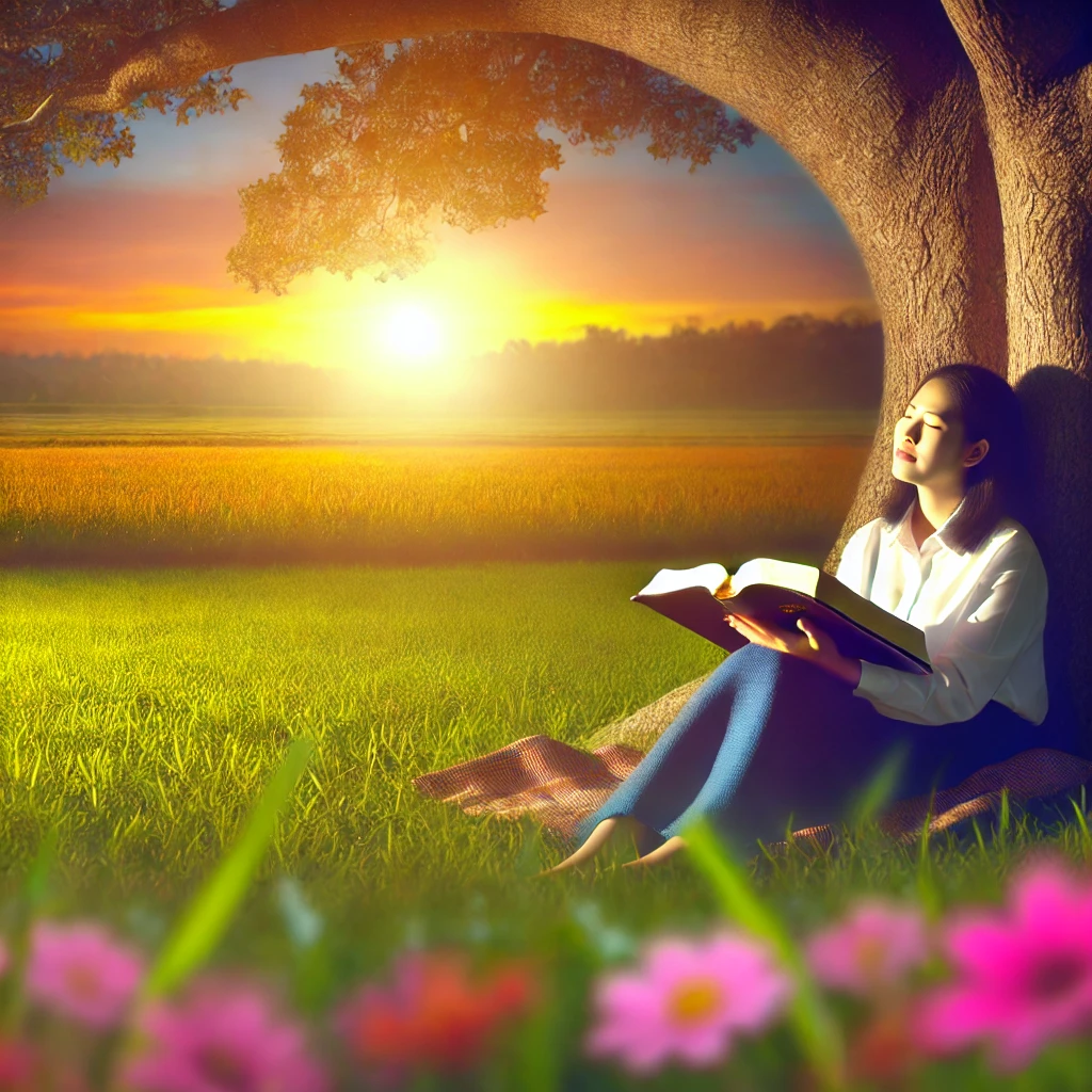Here is an illustration of a person meditating on God's Word under a tree, reflecting trust and joy in the Lord, surrounded by the beauty of nature, symbolizing worship and thanksgiving.
