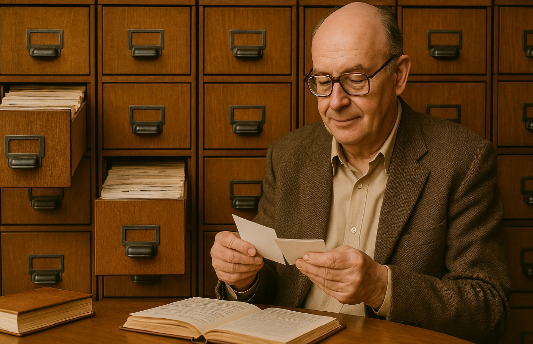 제텔카스텐 앞에서 메모 카드를 분류하는 니클라스 루만 교수의 모습