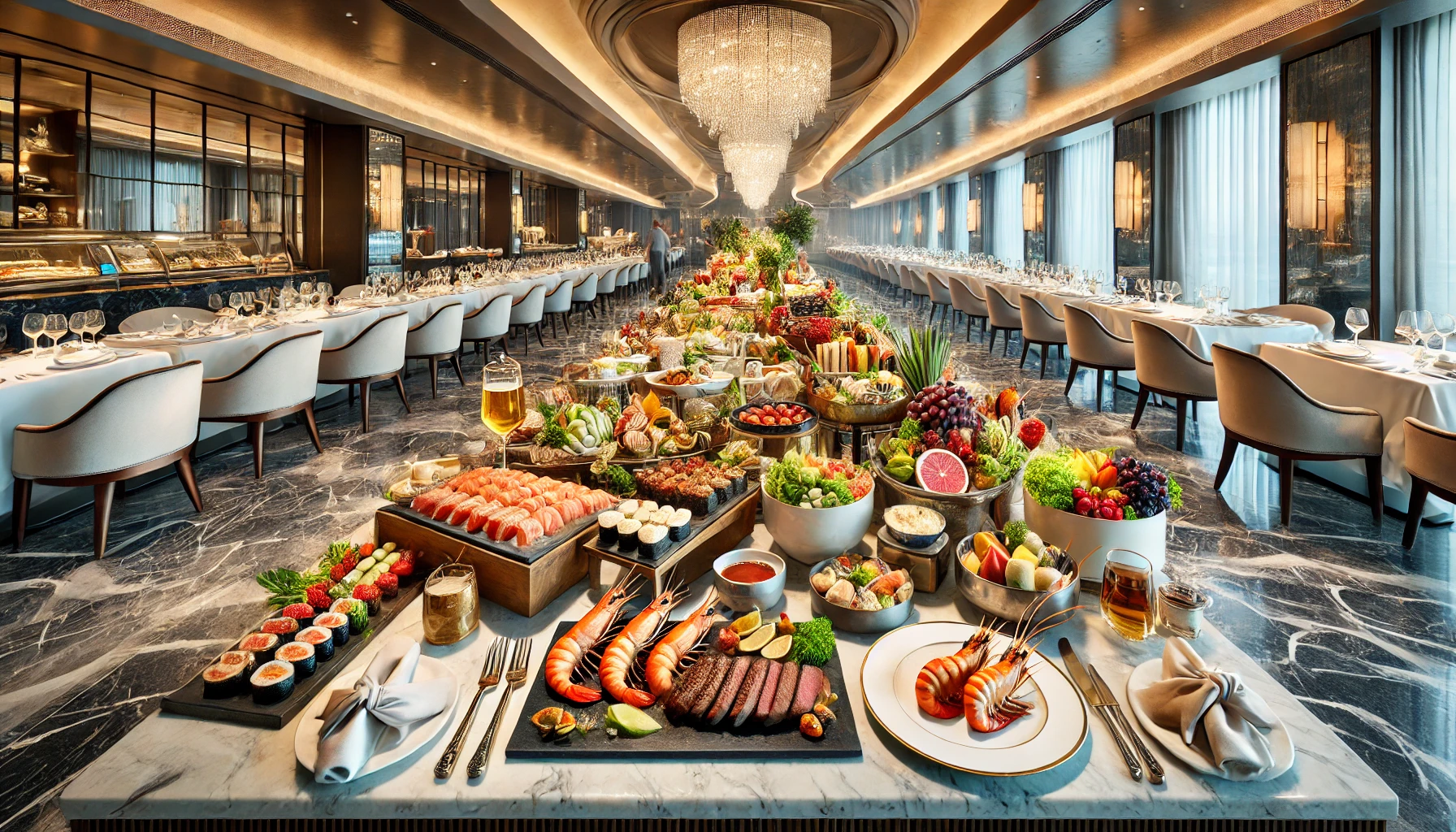 다양한 뷔페 음식이 차려진 테이블과 라스베이거스 고급 호텔 내부 이미지