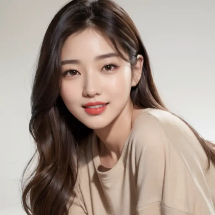 긴 생머리와 쌍커풀이 있는 큰 눈과 오똑한 코 그리고 빨간 입술을 가지고 있는 여성