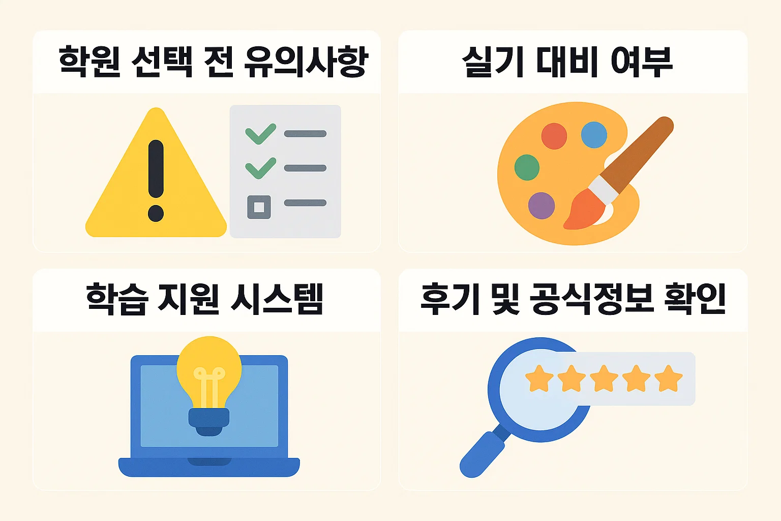 학원 선택 전 확인해야 할 실기 대비 여부, 후기 검증, 학습 지원 시스템 등 합격에 영향을 주는 핵심 유의사항을 정리한 인포그래픽입니다.
