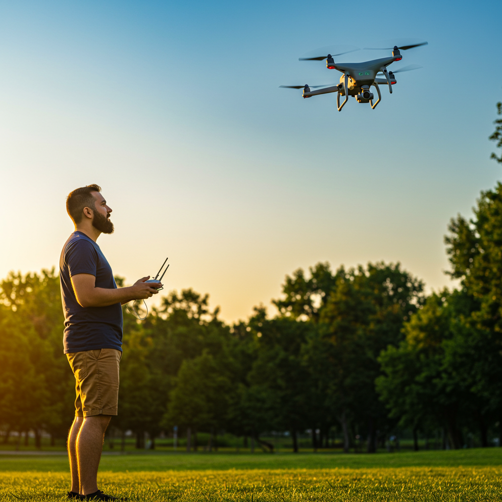 젊은 남성이 드론을 조종하고 있는 모습