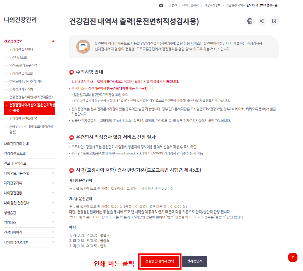 건강검진 결과 내역서 조회 발급 출력 방법