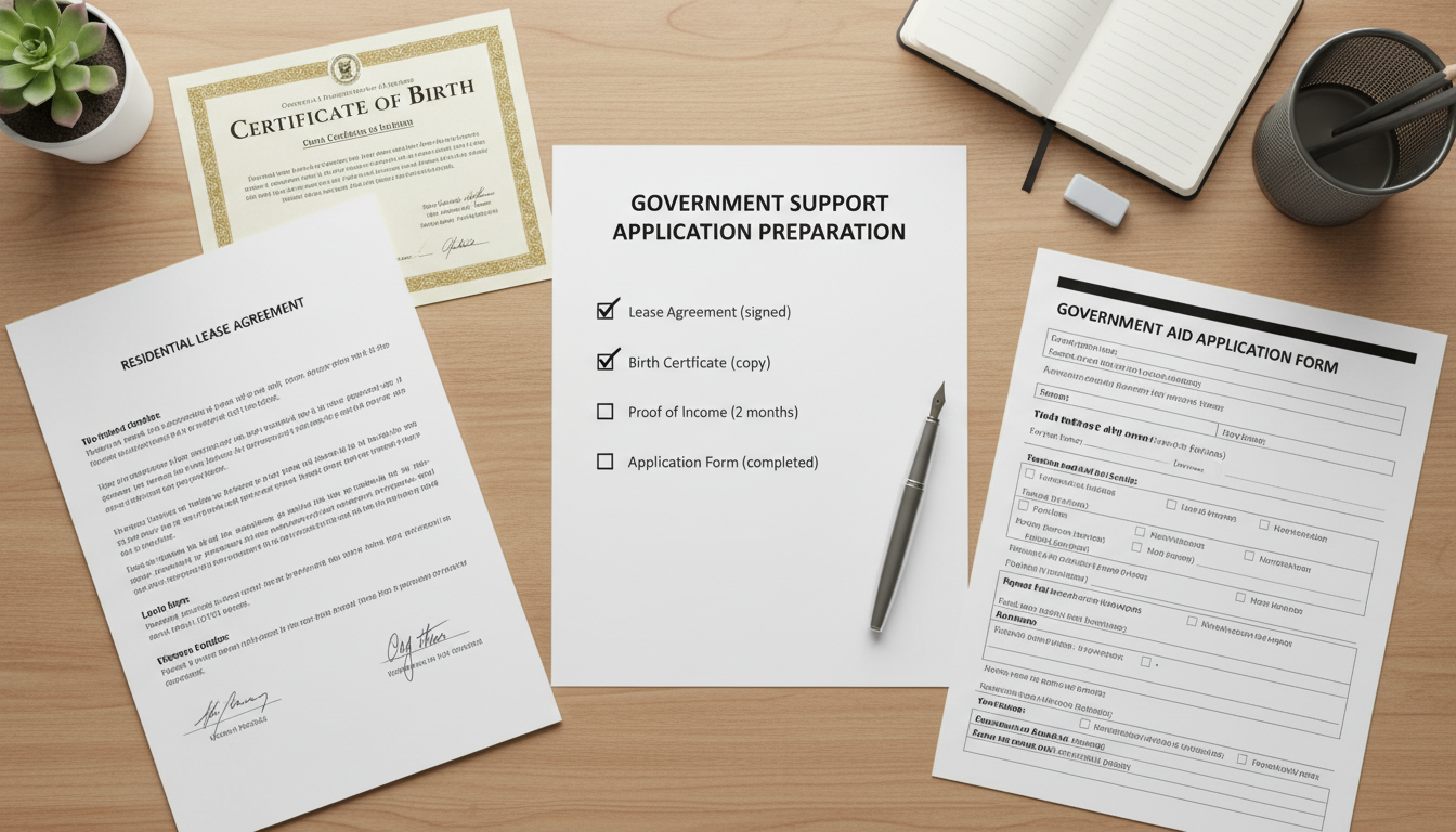 증평군 청년월세 지원에 필요한 임대차계약서, 주민등록등본 등 각종 필수 서류들이 깔끔하게 정리된 모습.