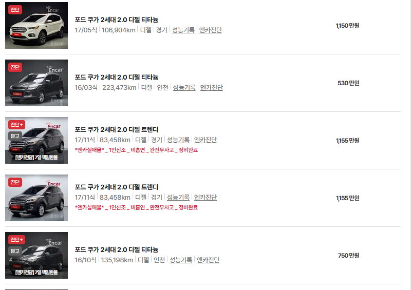 포드 쿠가 중고차 가격 시세표 유지비