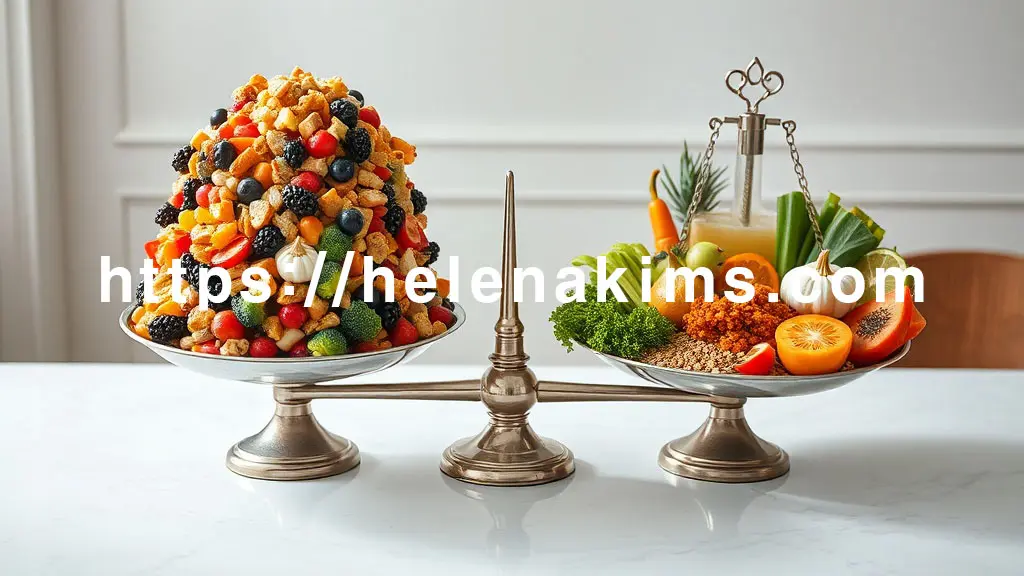 깨끗하고 밝은 식탁 위, 균형 저울이 놓여 있다. 한쪽 접시에는 음식이 과하게 쌓여 흘러넘치는 모습, 다른 한쪽 접시에는 다양한 색깔의 신선한 채소, 과일, 통곡물, 단백질이 적정량으로 아름답게 담겨 있다.