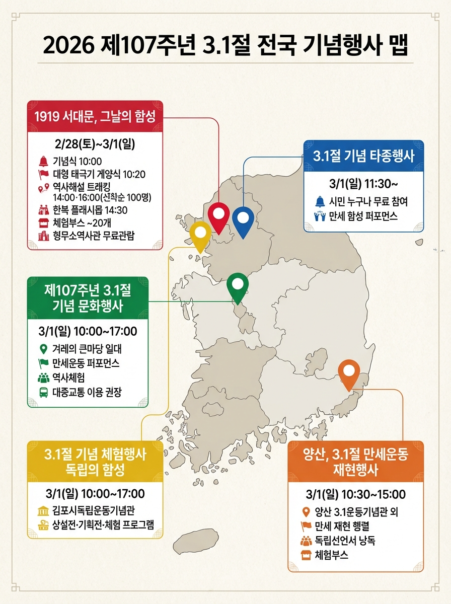 alt="2026년 제107주년 삼일절 전국 기념행사 지도 인포그래픽 - 서울 서대문 1919 서대문 그날의 함성 2월 28일 토요일부터 3월 1일 일요일까지 기념식 오전 10시, 대형 태극기 게양식 오전 10시 20분, 역사해설 트래킹 오후 2시와 오후 4시 선착순 100명, 한복 플래시몹 오후 2시 30분, 체험부스 약 20개, 형무소역사관 무료관람 / 서울 종로 보신각 3.1절 기념 타종행사 3월 1일 일요일 오전 11시 30분부터 시민 누구나 무료 참여 만세 함성 퍼포먼스 / 천안 독립기념관 제107주년 3.1절 기념 문화행사 3월 1일 일요일 오전 10시부터 오후 5시까지 겨레의 큰마당 일대 만세운동 퍼포먼스 역사체험 대중교통 이용 권장 / 김포 3.1절 기념 체험행사 독립의 함성 3월 1일 일요일 오전 10시부터 오후 5시까지 김포시독립운동기념관 상설전 기획전 체험 프로그램 / 양산 양산시립독립기념관 가족행사 3월 1일 일요일 오전 10시부터 오후 4시까지 임시정부 포토존 독립만세 컵 만들기 태극기 퍼즐 체험, 우리 동네 행사는 여기유닷컴 또는 거주 지역 지자체 홈페이지에서 검색, 출처 서대문구청 2026년 2월 5일 독립기념관 인스타그램 2026년 2월 12일 서울문화포털 헬로티비뉴스 2026년 2월 19일 김포시 인스타그램 2026년 2월 9일"