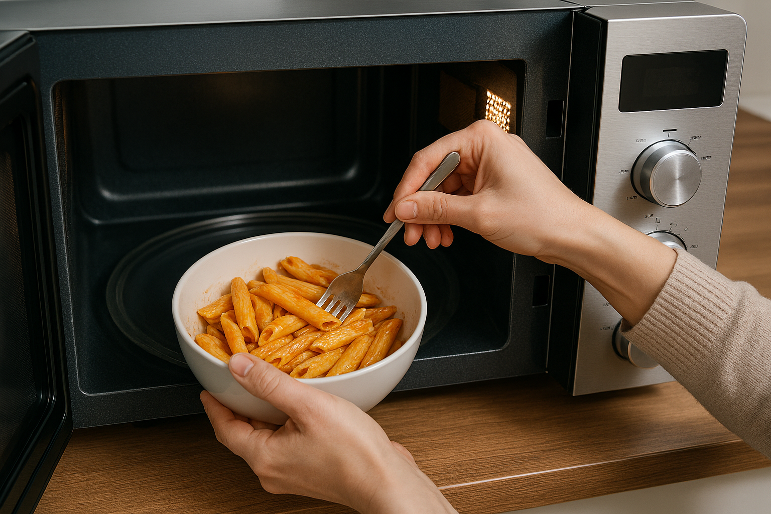 전자레인지에서 음식을 섞어 가열하는 모습