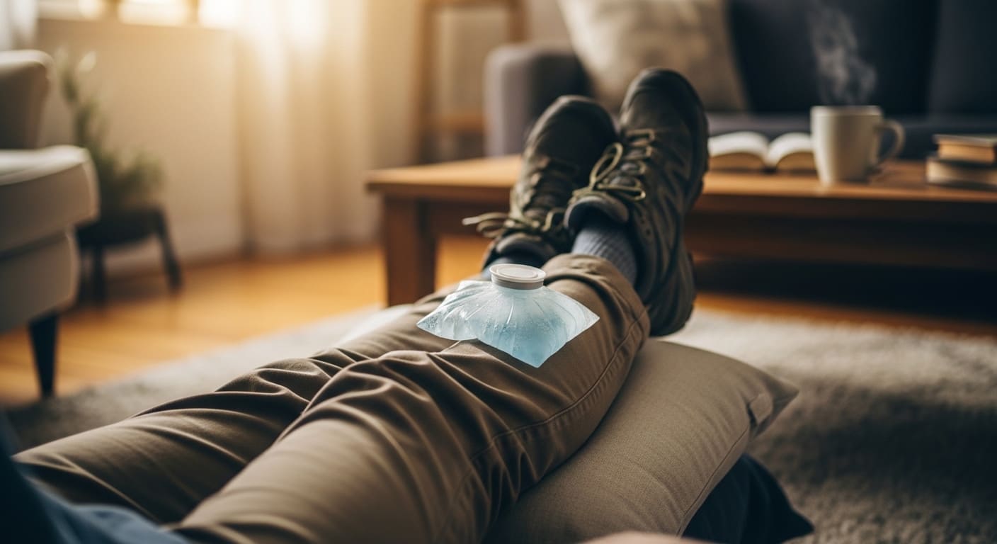 등산 후 무릎에 아이스팩을 올리고 다리를 높게 들어 휴식하는 모습