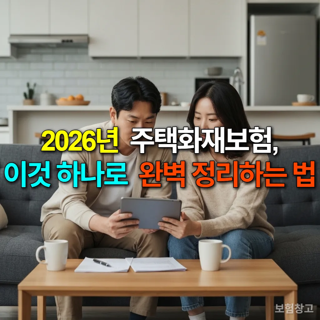 아파트 거실에서 태블릿을 보며 주택화재보험에 대해 이야기하는 한국인 부부