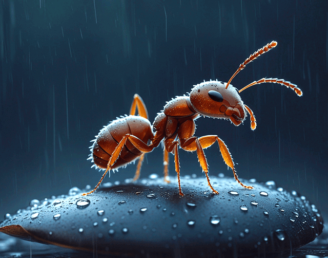 갈색 개미 한 마리가 비를 맞고있다.
