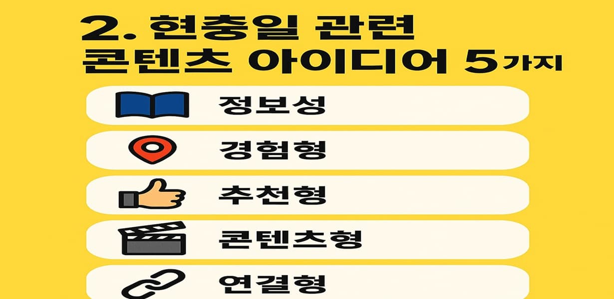 “현충일 콘텐츠 아이디어 5가지를 정리한 인포그래픽 이미지”