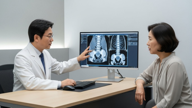 진료실에서 척추 MRI 이미지를 보며 설명하는 의사와 환자
