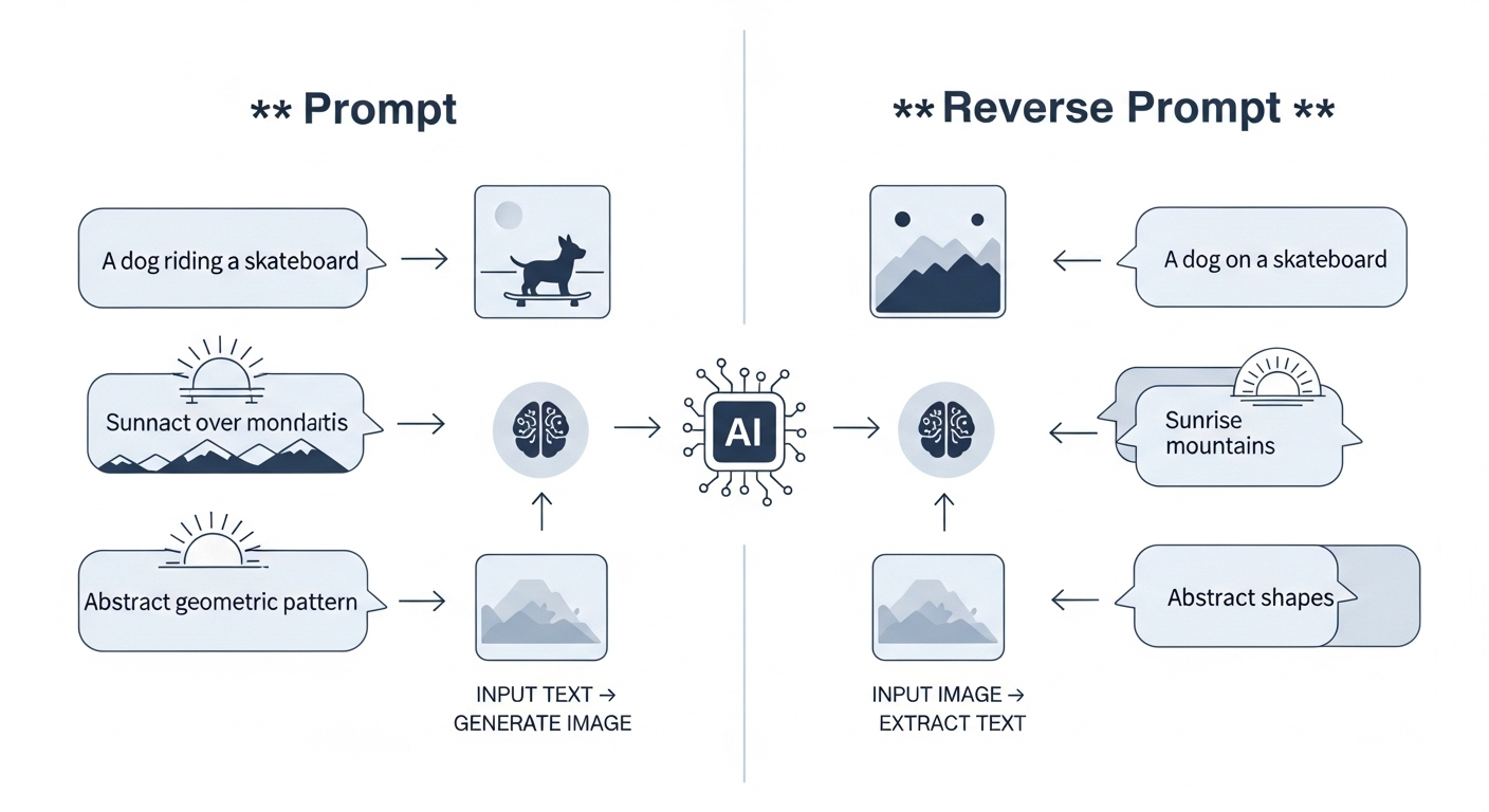 일반 프롬프트와 리버스 프롬프트의 작동 방식을 시각적으로 비교 설명하는 인포그래픽.