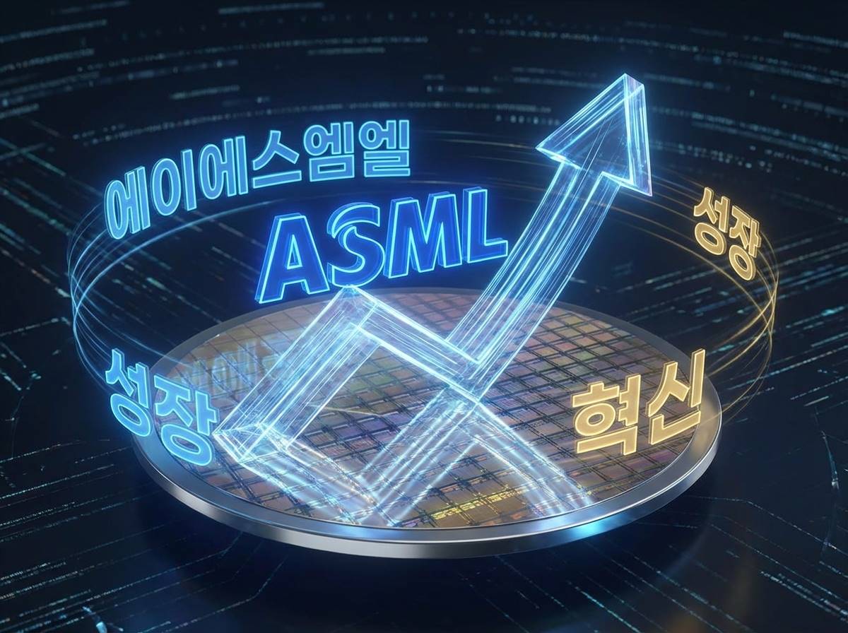 반짝이는 반도체 웨이퍼 위로 ASML의 로고와 화살표가 우상향하는 역동적인 3D 그래픽