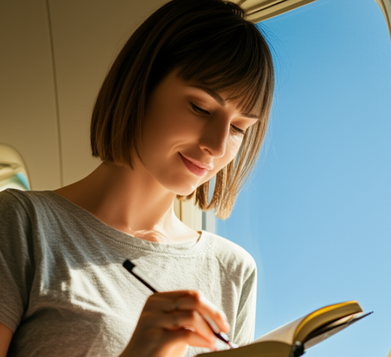 여행중 여성이 글을 쓰는 모습