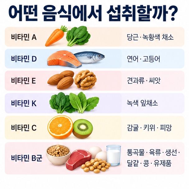 당근 녹색채소 생선 견과류 과일 통곡물 육류 달걀 콩 유제품에서 섭취할 수 있는 비타민과 보충제 중복 섭취 주의점을 정리한 인포그래픽