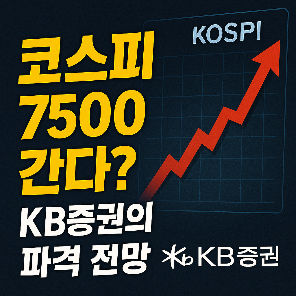 KOSPI 지수가 급등하는 빨간 상승 그래프와 함께 ‘코스피 7500 간다? KB증권의 파격 전망’이라는 문구가 들어간 썸네일 이미지