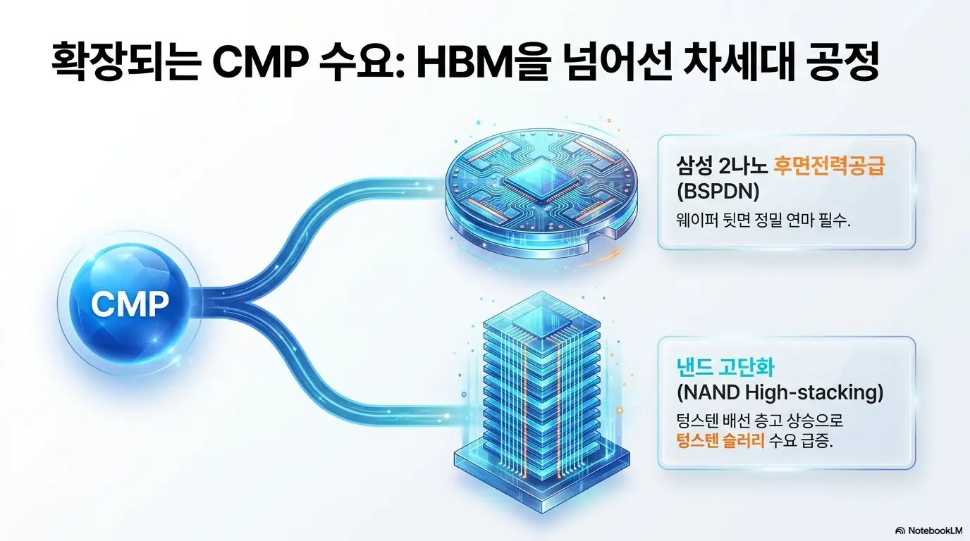 케이씨텍 주가 전망: 케이씨텍 CMP 수요가 HBM을 넘어 차세대 공정으로 확장되는 두 축을 보여주는 인포그래픽. 삼성 2나노 후면전력공급(BSPDN)은 웨이퍼 뒷면 정밀 연마를, 낸드 고단화는 텅스텐 슬러리 수요 급증을 부른다는 점에서 케이씨텍의 추가 성장 동력을 시각적으로 설명함.