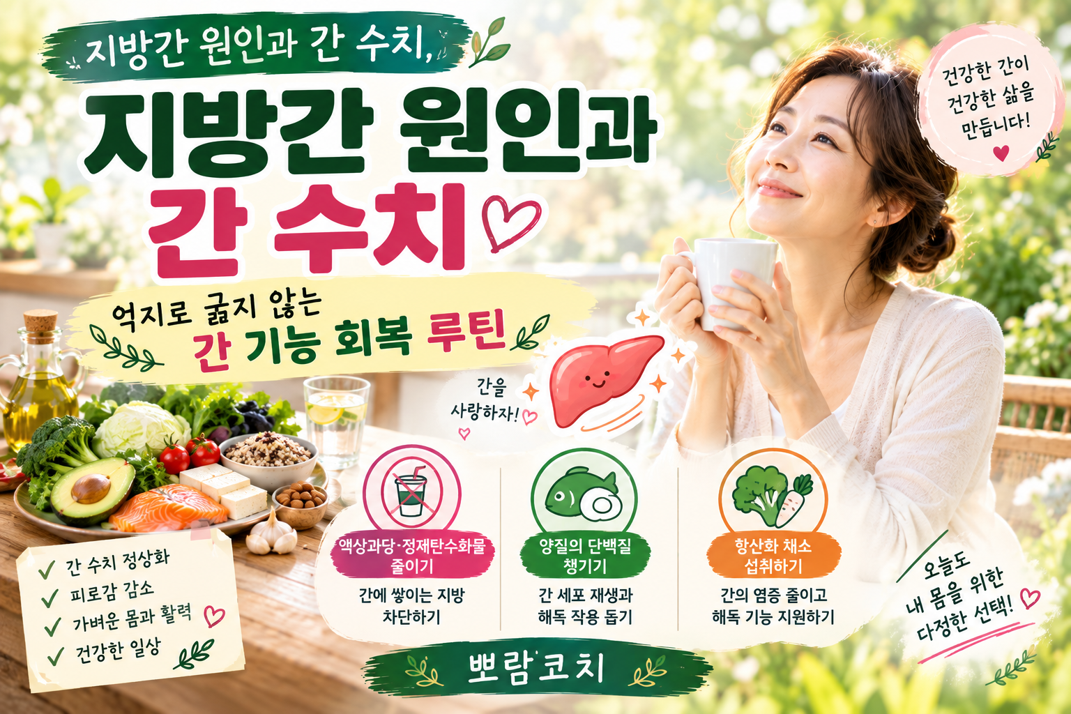 따뜻한 차 한 잔을 앞에 두고 기분 좋게 미소 지으며 편안한 휴식을 취하는 감성 이미지
