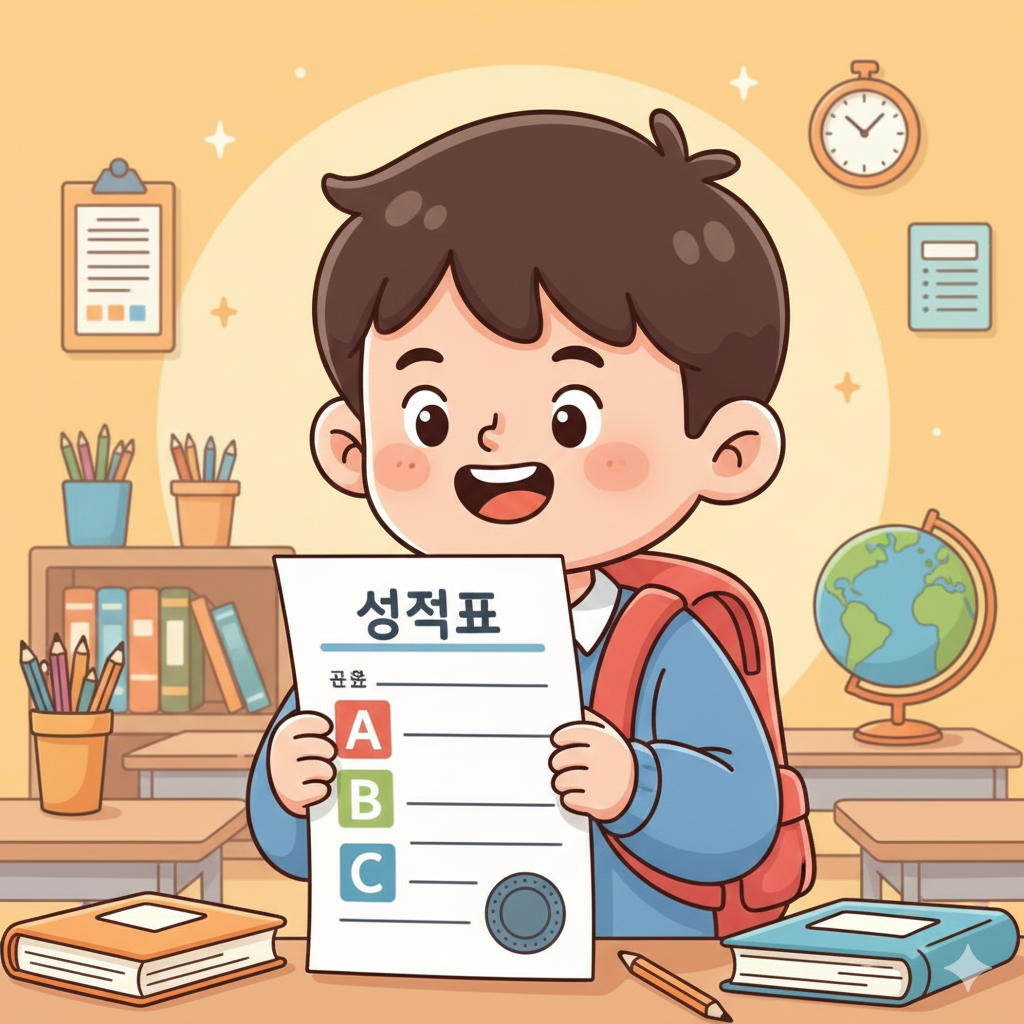 등급 대신 A, B, C 성취도가 적힌 성적표를 보며 웃고 있는 학생의 캐릭터 일러스트.
