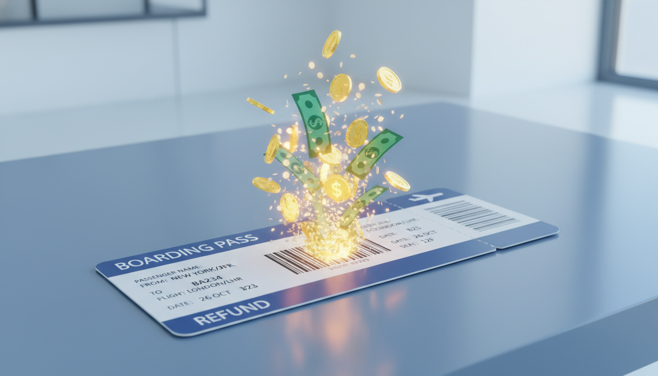 항공권에서 동전이 쏟아져 나오는 출국납부금 환급 콘셉트 일러스트