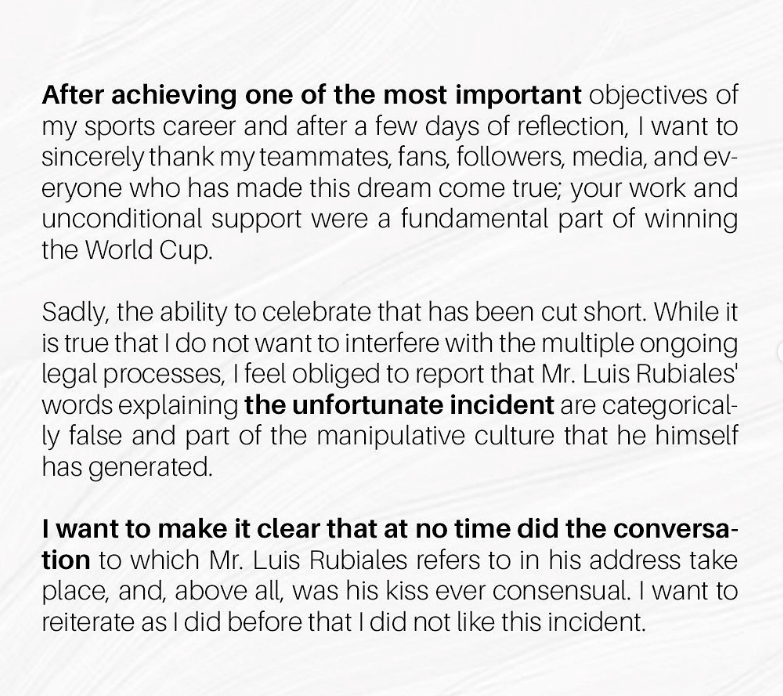 스페인 여자축구선수 에르모소 입장문