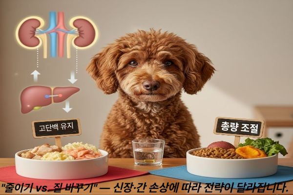&ldquo;줄이기 vs. 질 바꾸기&rdquo; &mdash; 신장&middot;간 상태에 따라 전략이 달라집니다.란 문구와 함께 강아지 (좌)고단백 유지,(우)총량 조절 푯말이 꽂힌 음식 그릇이 양쪽으로 배열 /중앙엔 강아지와 그앞에 물컵이 놓여져 있습니다.