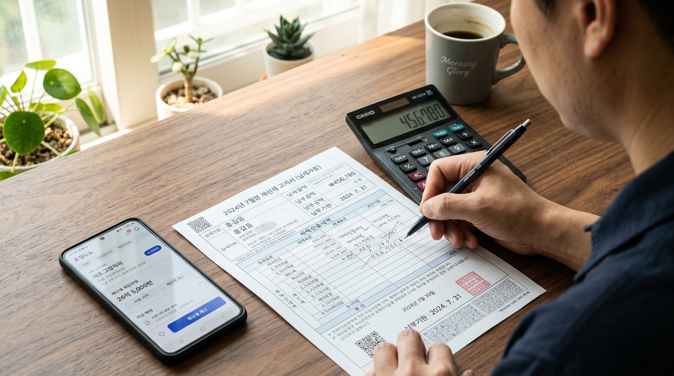 2026년 공시가격 변동에 맞춰 재산세와 종합부동산세를 계산기로 두드려보고 있는 모습