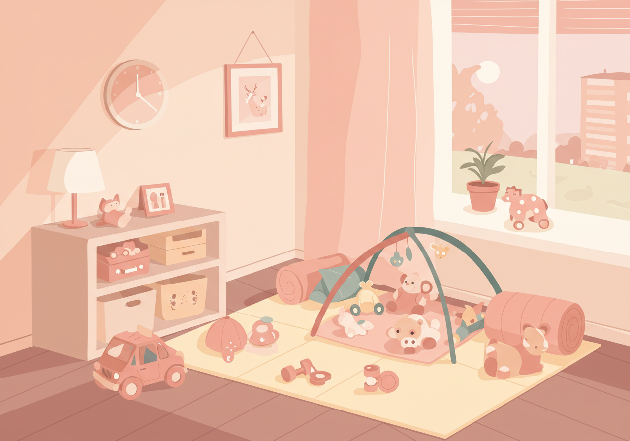 아파트 한견에 아기 놀이공간을 정리 중인 부모의 일러스트 이미지