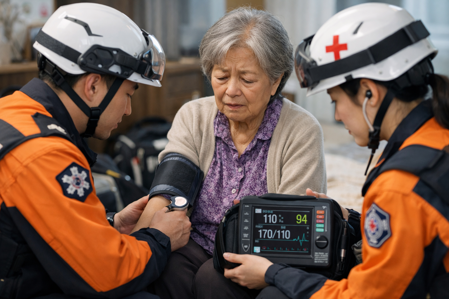 구급대원이 고령 환자의 활력징후를 확인하며 상태를 평가하는 모습