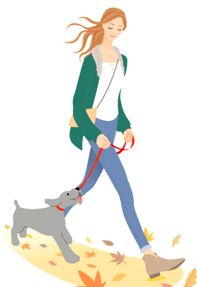 초록색 가디건을 입고 바지를 입은 긴 갈색머리 아가씨가 회색 개와 함께 산책하는 그림이다.